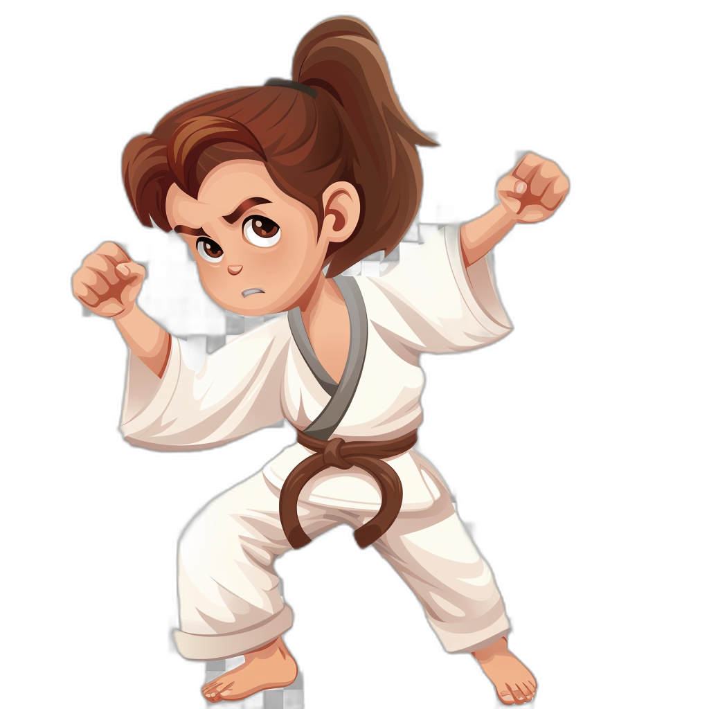 cartoon girl with brown hair in a ponytail, wearing a karate outfit and belt, doing a forward battle pose against a black background, in a chibi style with big head proportions in the style of the artist.