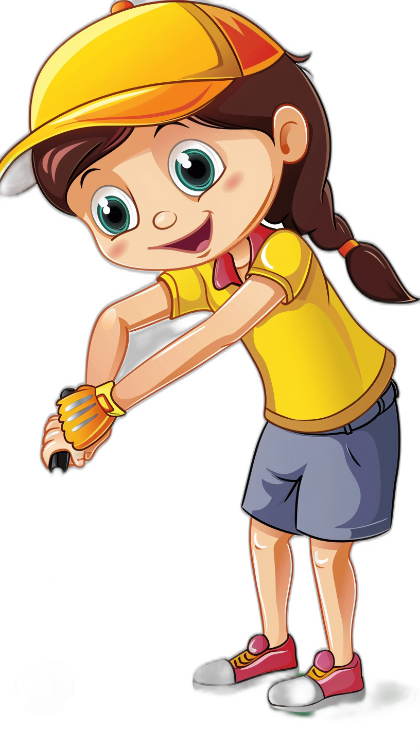 A young girl in a yellow shirt, blue shorts and a baseball cap playing golf in the style of cartoon vector with a black background sticker having big eyes, hands holding a club, sticker design