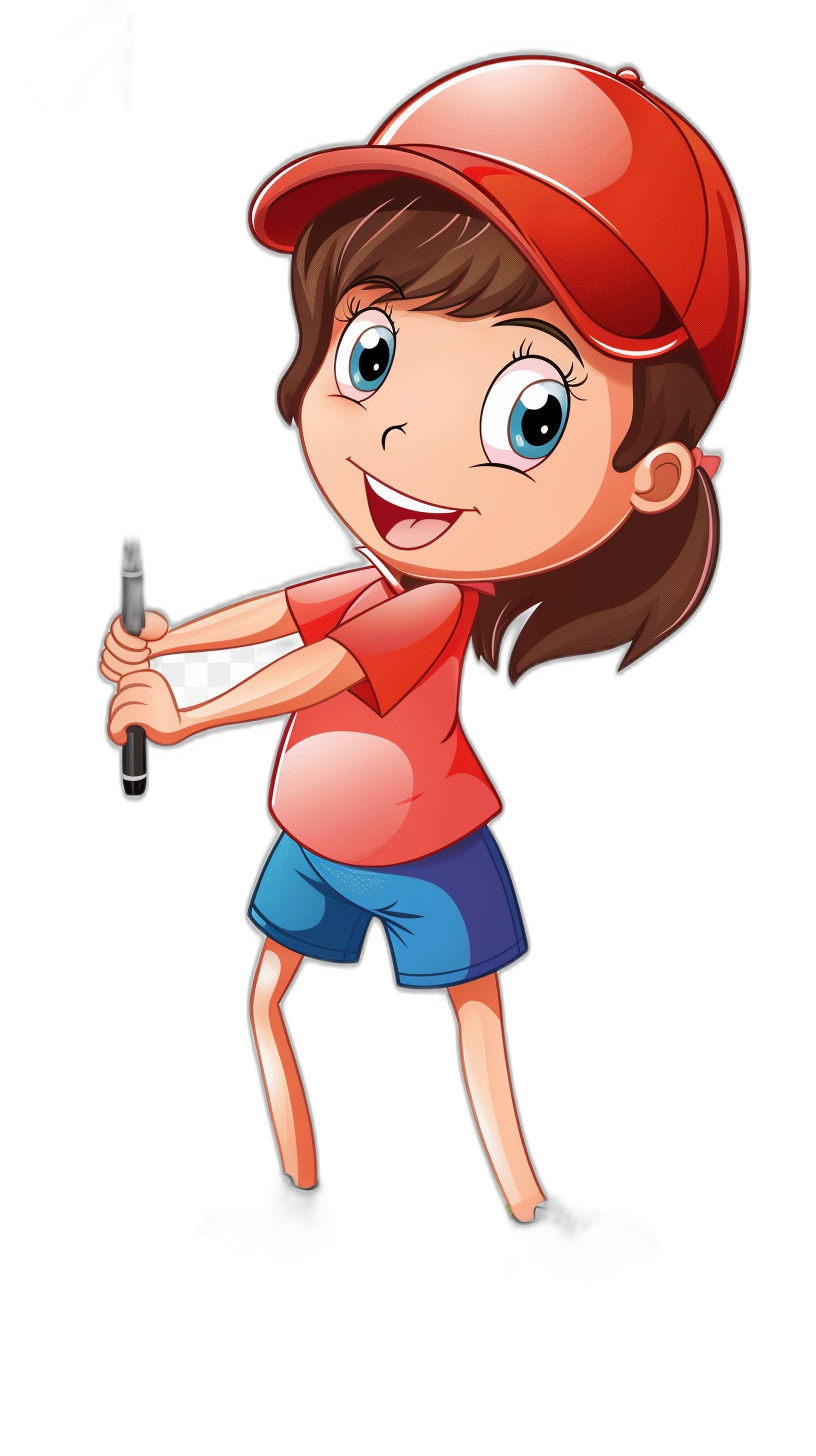 A cartoon vector illustration of a young girl wearing a red baseball cap and blue shorts, holding up an empty black marker in one hand while smiling at the camera, isolated on a pure solid clean black background, in the style of clip art sticker with a clear outline.