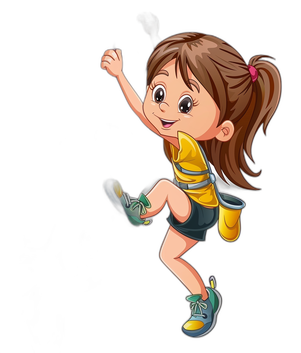 A cute little girl doing sports in a cartoon style vector illustration with a black background, jumping in the air wearing a yellow shirt and blue shoes from the side view.