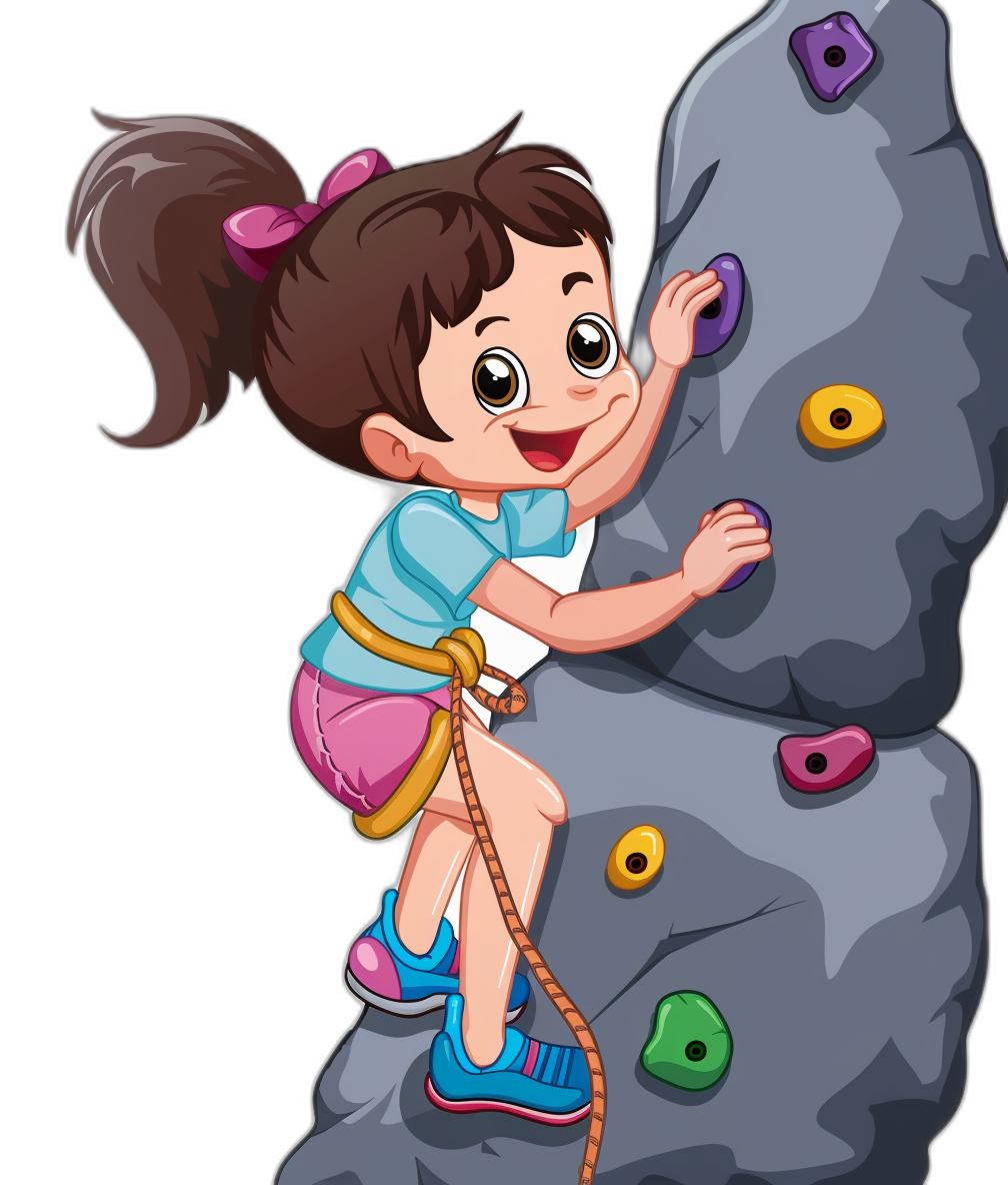 Cute cartoon girl climbing rock wall, vector illustration for kids book on black background, without a shadow under the character, in the style of no particular artist.