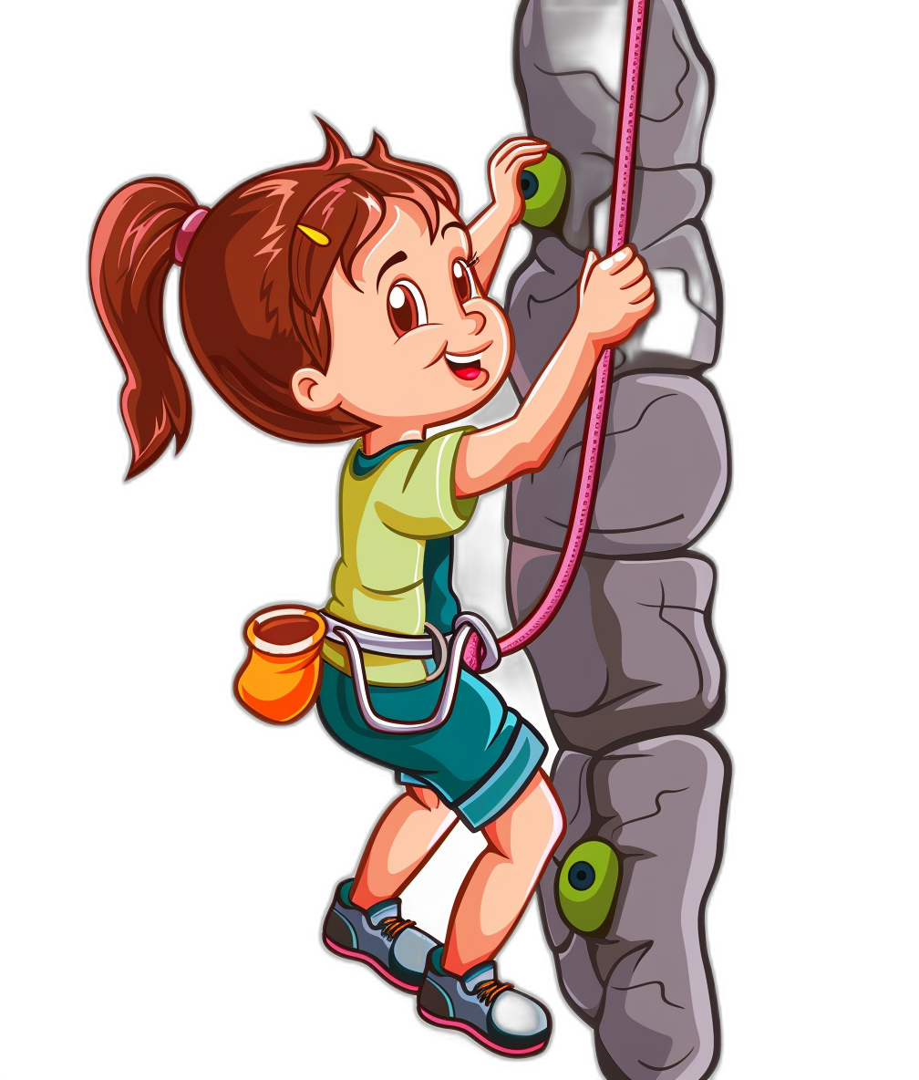 A cute cartoon girl climbing a rock wall in the style of clip art, isolated on a black background.