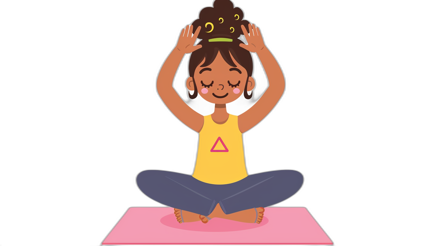 African American girl doing yoga, sitting on the mat with her hands above her head in a lotus position, in the style of a cartoon vector illustration design for kids and young people. The background is black color. She has a yellow t-shirt with a pink triangle at the chest area. Her hair is in short brown pigtails. Flat color style. Isolated vector clip art of an African American woman in a yoga pose. Vector Illustration