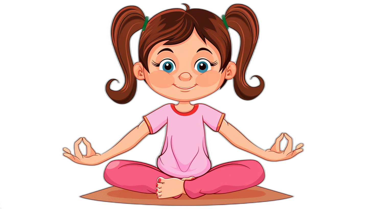 Cute cartoon girl doing yoga, flat design illustration with black background, vector graphic logo for kids’ game app. She has brown hair in pigtails and is wearing pink . Her hands form the “bows” pose while sitting on her knees. The style should be playful yet simple to appeal across all ages of children’s games, vector graphics