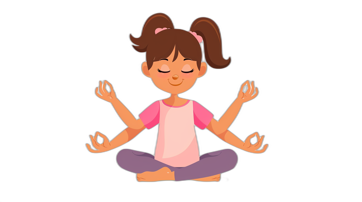 A cute little girl is doing yoga in a simple flat illustration style with a black background and pink . She has brown hair in pigtails. Her eyes are closed with a meditative expression, and her hands make the mudra gesture of meditation. The cartoon character design features three fingers spread out on both sides of the body. Flat vector illustrations are used with a black solid color background. A very small amount of shadowing between details can add depth to the characters.