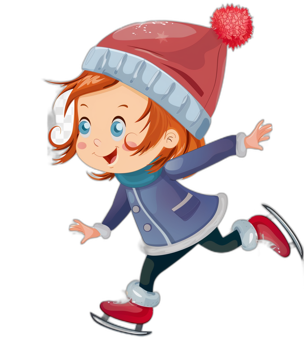 A cute cartoon girl ice skating in a clip art style, with a simple drawing in the vector illustration style, featuring a flat design with flat colors on a black background. The high resolution digital art provides high quality details with high contrast and high color saturation, without shadows, shading, gradients or outlines. A white border is included.