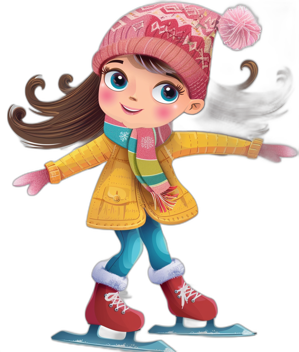 A cute girl ice skating in the style of pixar and claudia.currentThreader & [Lori Earley](https://goo.gl/search?artist%20Lori%20Earley), clip art style, isolated on black background, flat illustration, high resolution, no shadow
