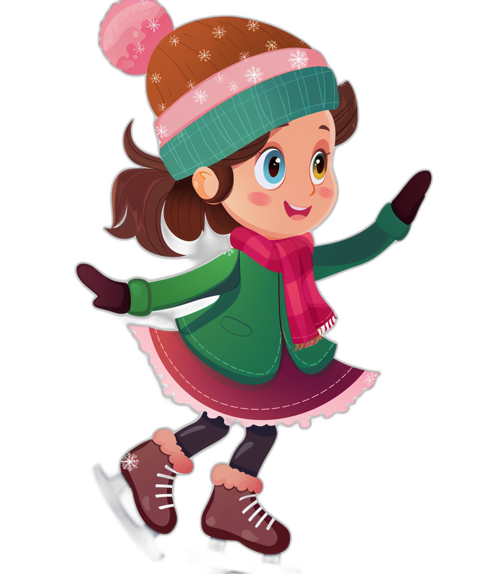 A cute girl wearing a green coat, a pink scarf and hat ice skating in the style of cartoon on a black background.