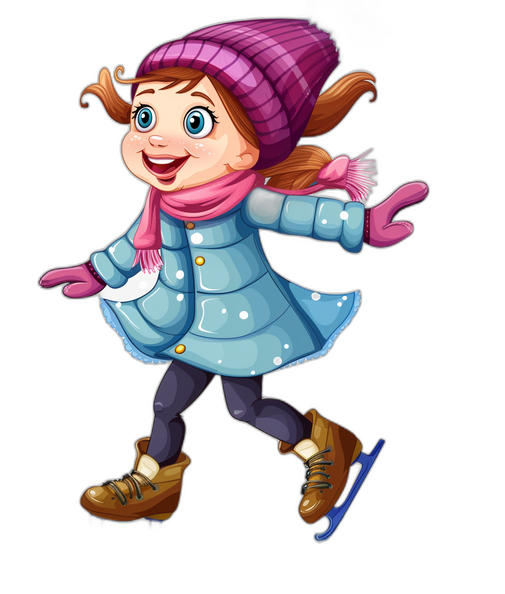 A cute girl skating, wearing winter and gloves, clip art style with isolated black background for removing background