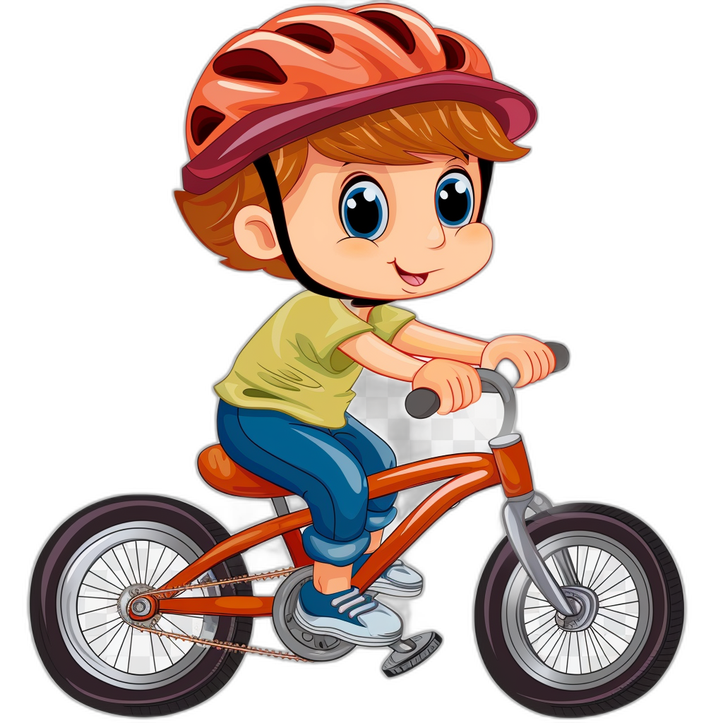 cartoon child boy riding bike with helmet, in the clip art style of illustration on black background