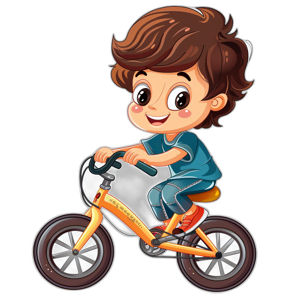 cartoon kid boy with brown hair on an orange bike, sticker design in the style of black background