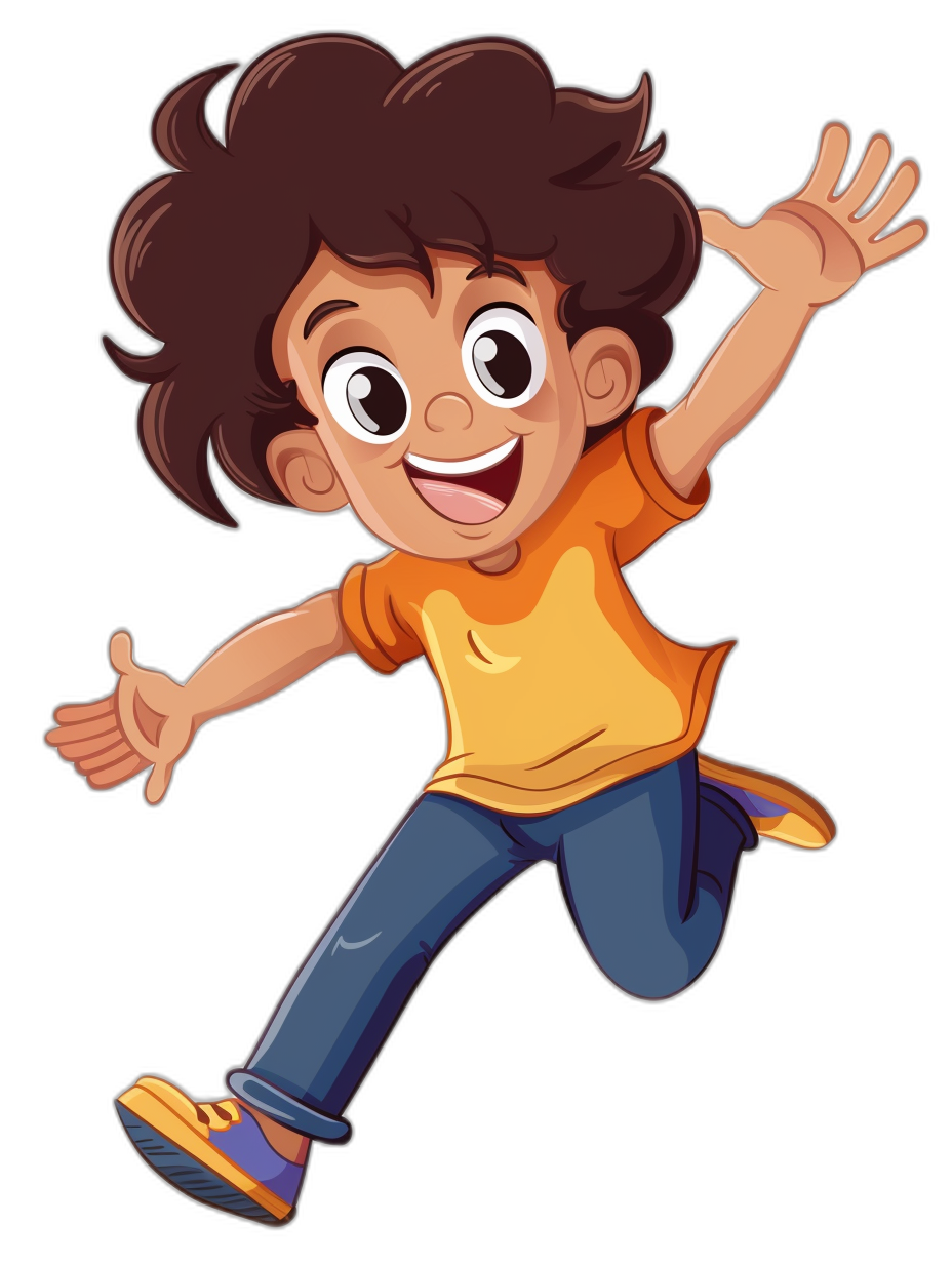 A cute cartoon of a happy Indian boy in his late teens, jumping and smiling with big eyes. Wearing jeans and a t-shirt. Black background. Vector style. Full body shot. Colorful, with brown hair.