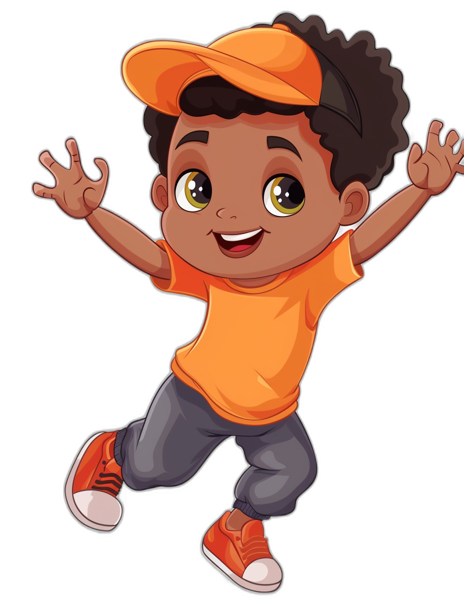 a cute little black boy wearing an orange t shirt and hat, with big eyes dancing, vector cartoon style, isolated on solid background