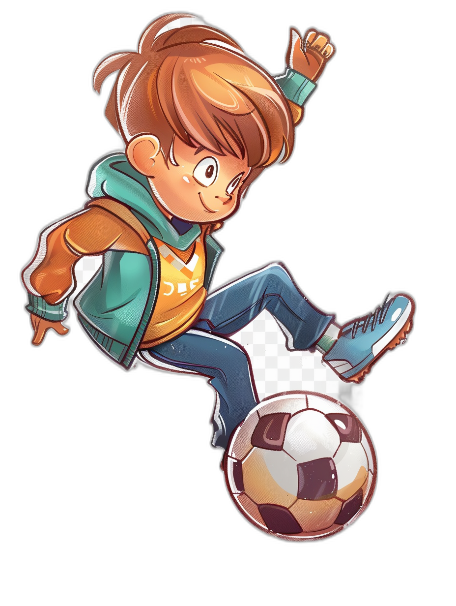 A cute cartoon sticker of an animated character kicking a soccer ball in the style of clip art, isolated on a black background, of high quality and high resolution, colorful, in the anime style.