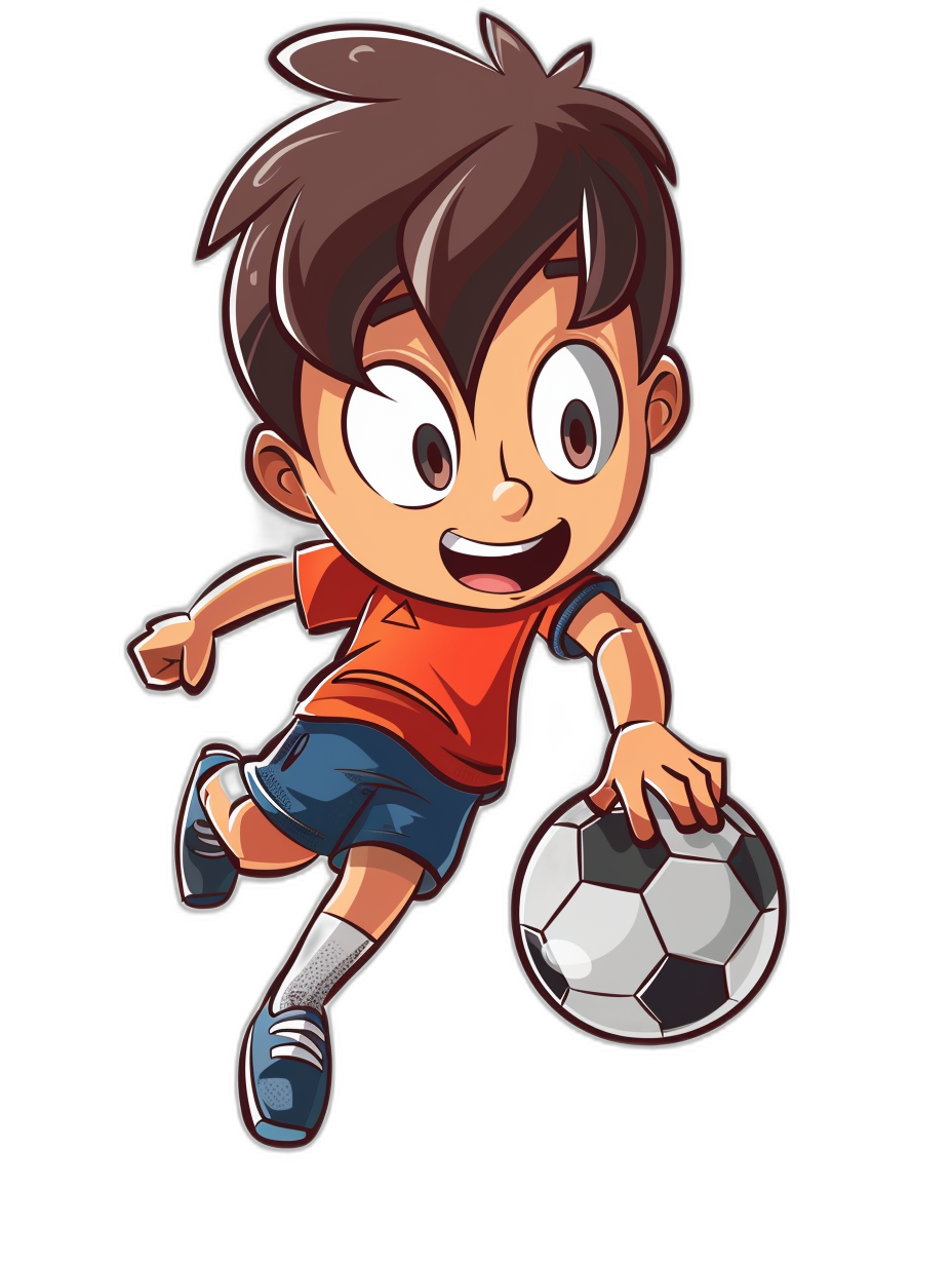 Cartoon illustrative style, cartoon character design of a cute boy playing soccer on a black background. The young man has short brown hair and is wearing an orange t-shirt with blue shorts and white sneakers. He’s kicking the ball while smiling joyfully at his goal. Isolated in a black background, in the style of an illustrator.