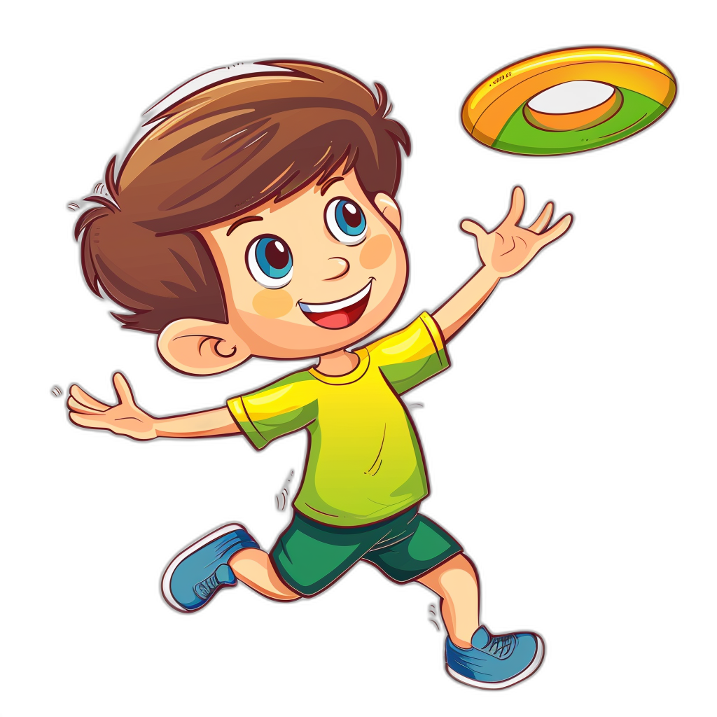 A cartoon boy is playing frisbee, vector illustration style with flat colors and black background. He has brown hair, blue eyes, wearing green shorts and yellow tshirt, smiling happily while throwing the Fr divis in midair. The overall color scheme of his  consists mainly of bright yellows and greens to highlight her cheerful personality. This design could be used for children’s jeans or other casual fashion products, adding fun to their daily wear.