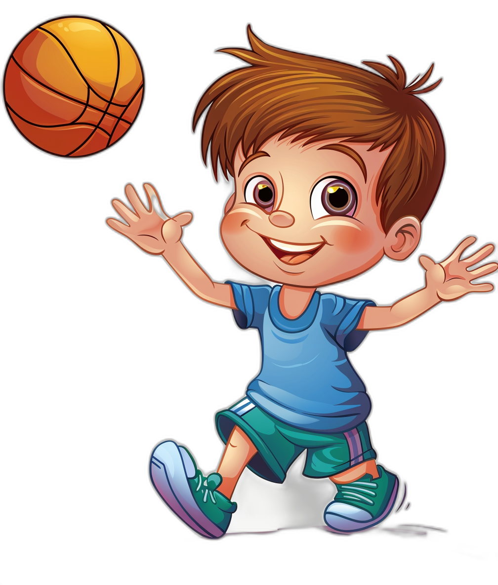 A cute cartoon boy playing basketball in a simple drawing style as a vector illustration. The illustration is colorful with a Disney Pixar animation style on a black background. The boy is wearing a blue t-shirt and green shorts with sneakers and has brown hair, big eyes, and a smiling face expression. He is shooting the basketball towards the camera in a high resolution, high detail style.