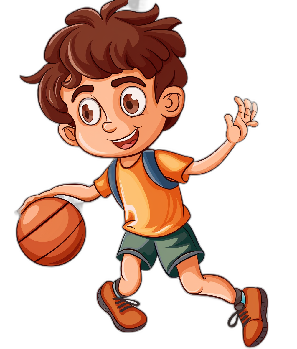 A cartoon of a happy boy playing basketball in the style of clip art on a black background.