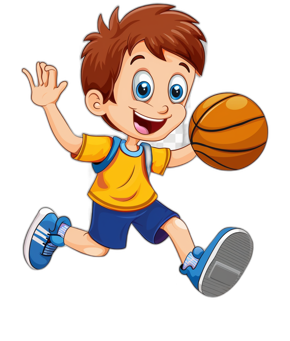 A cartoon boy playing basketball, vector illustration with black background, colorful and cute character design, simple lines, bright colors, blue shoes, yellow shirt, short brown hair, happy expression, holding the ball in his hand., focus on upper body, cartoon style, high resolution.