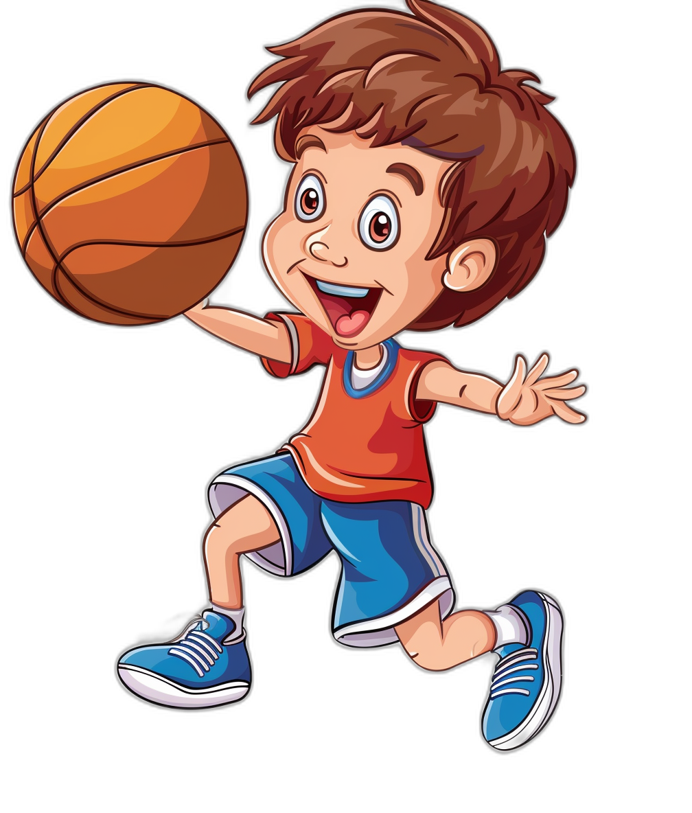 vector cartoon of happy boy playing basketball, full body, black background, tshirt design vector