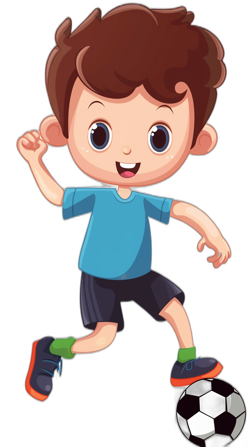 A cute cartoon boy is playing football in a vector illustration with a black background and flat design style. The simple and clean style features simple facial expressions and hands. The boy is wearing a blue t-shirt, dark green shorts, black shoes, and black socks with brown hair. The soccer ball has three white stripes on each side. He is kicking the soccer ball with his right foot against a black isolated background in a full body shot.