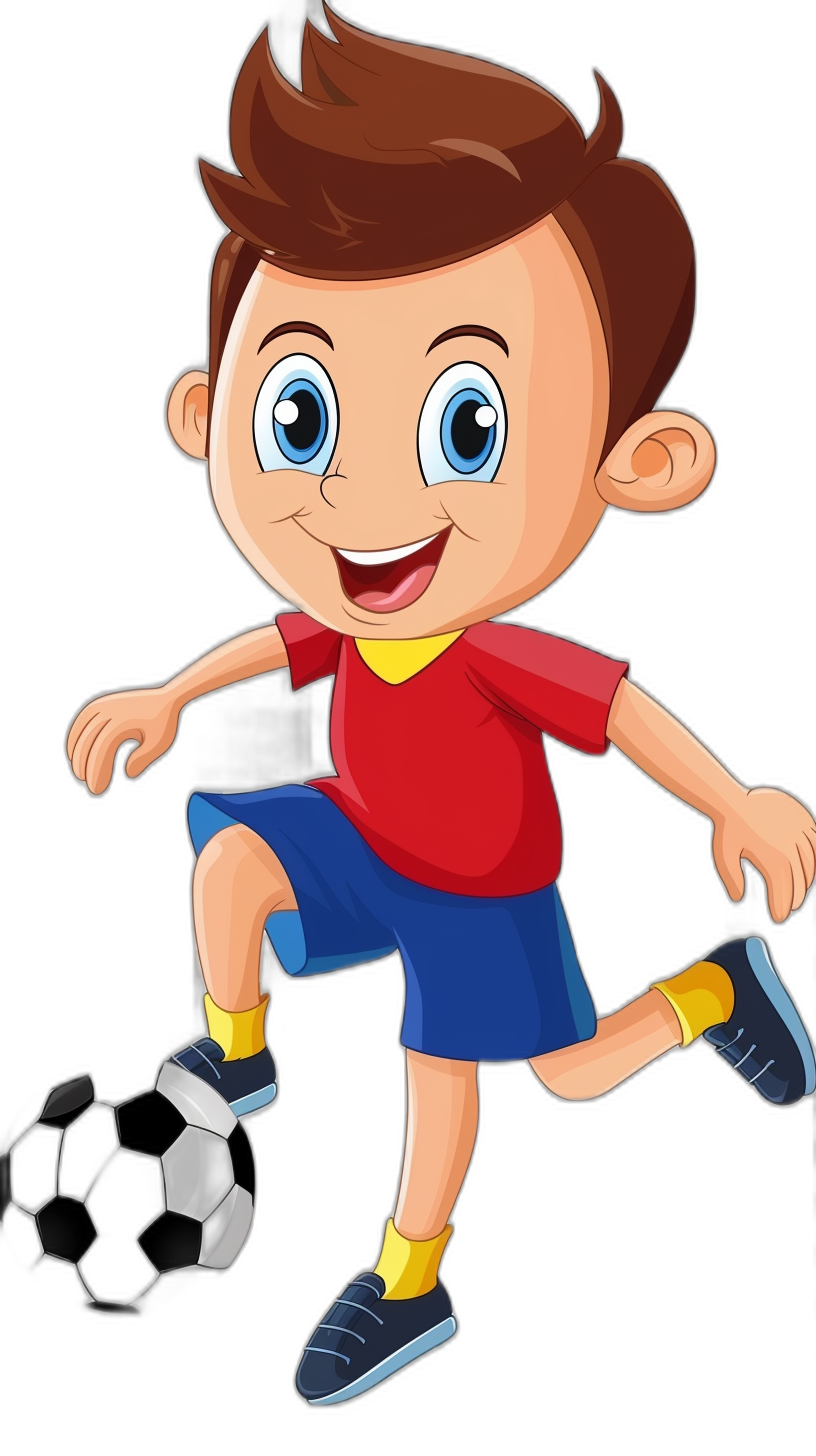 cartoon style, vector design of a boy playing soccer with a black background. The cartoon should have blue eyes and brown hair wearing a red t-shirt, dark yellow shorts and white shoes. He is smiling while kicking the ball in his right hand. He has short length hair. Isolated on a Black Background.