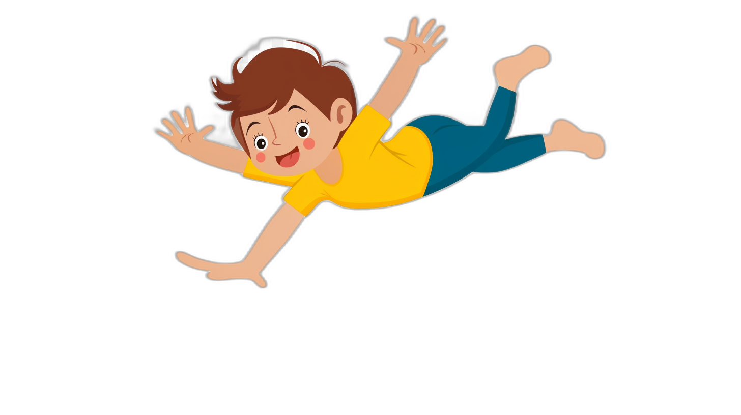 A cartoon boy falling down in the air, vector illustration, flat design, black background, simple, cute, colorful, 2D, high resolution, professional photography, ultra realistic skin texture and eyes, studio lighting,