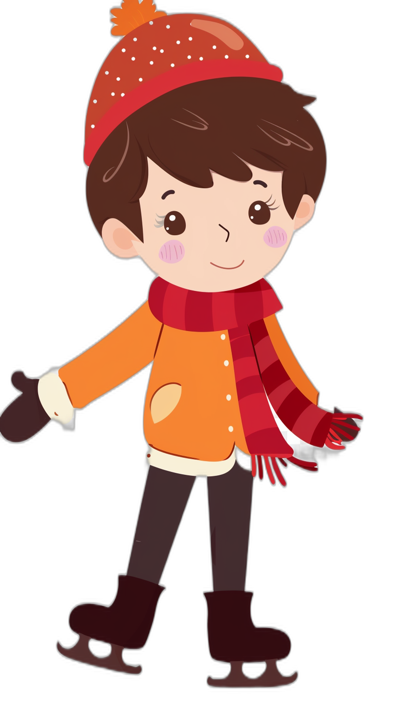 Cute cartoon boy ice skating, wearing a red scarf and orange coat, against a black background, in the flat illustration style, with simple lines, like a graphic design, clip art, or vector graphics, with colorful colors, black shoes, winter , a cute expression, and a happy smile giving a warm feeling. High resolution.