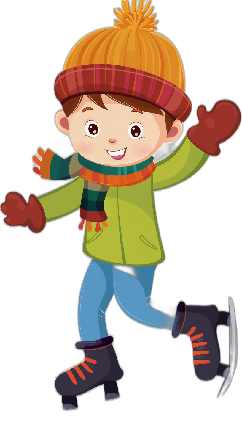 A cute cartoon boy ice skating, wearing a green jacket and orange hat with a scarf, in a simple flat style illustration against a black background, winter , a happy expression, a full body portrait, black shoes on his feet, simple lines, colorful cartoon characters with high saturation colors, a jumping movement, joy.