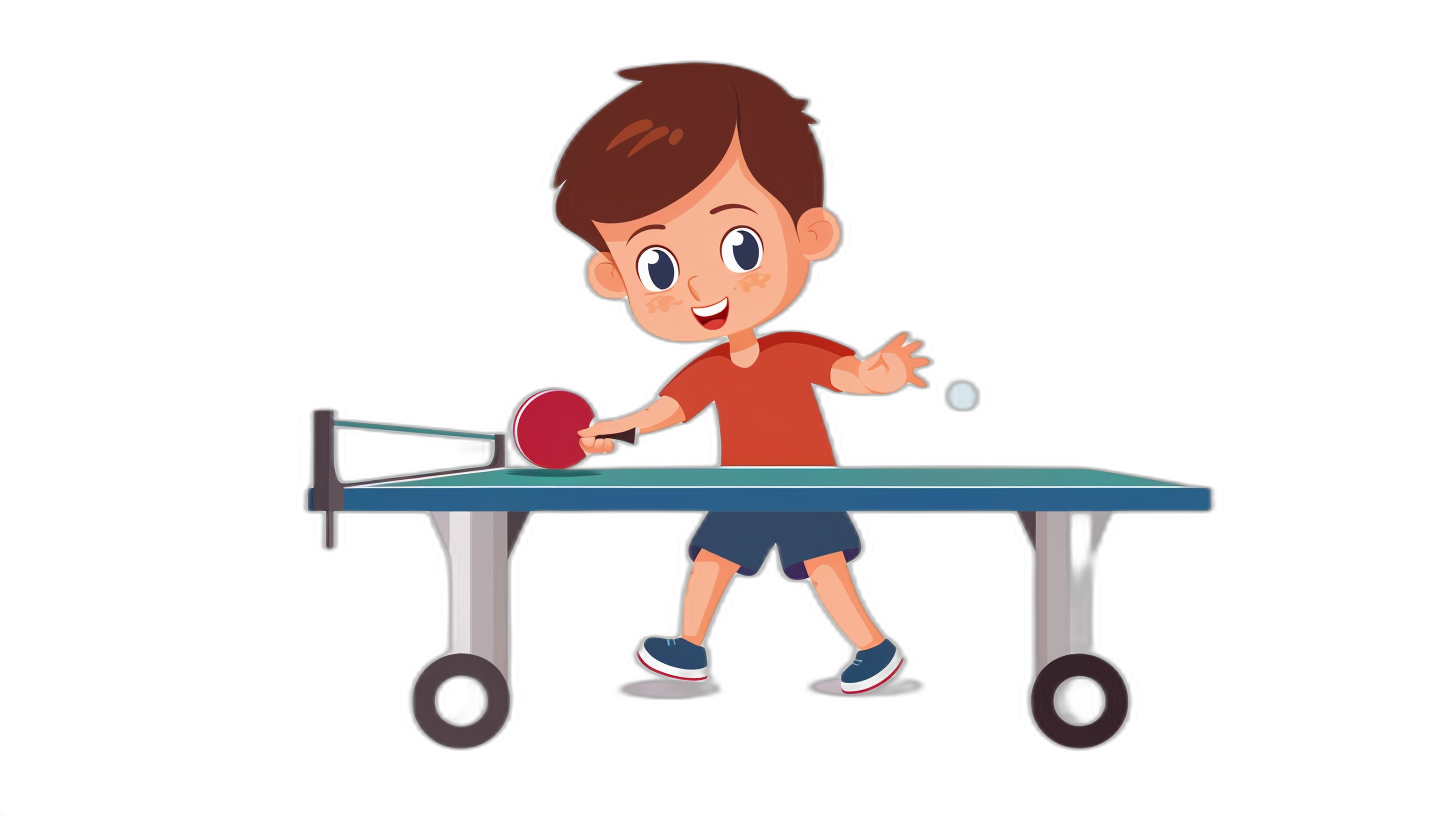 A boy playing table tennis in an cartoon style vector illustration with a black background. The child is holding the racket and hitting the ball on top of an iron blue rectangular wooden ping pong table. He has brown hair and wears a red short sleeves, dark gray shorts, white sneakers, and orange socks that show his right foot. The illustration is in the style of disney animation and is high resolution.