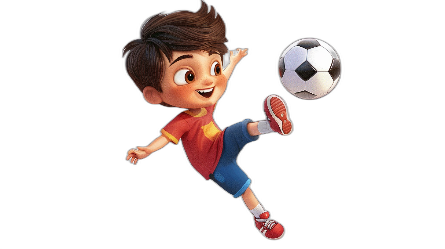 A cute boy kicking a ball in the style of cartoon, black background, 3D rendering, in the style of Pixar animation, character design, Disney, in the style of Disney movie poster, in the style of Pixar animation, full body shot, high resolution, high detail, high quality