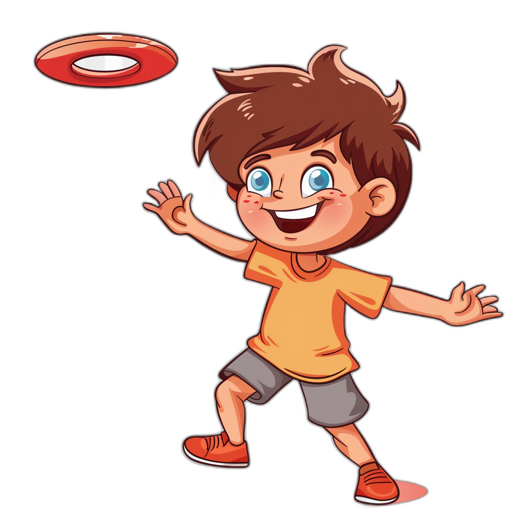 A cartoon boy playing frisbee in the style of a vector illustration on a black background.