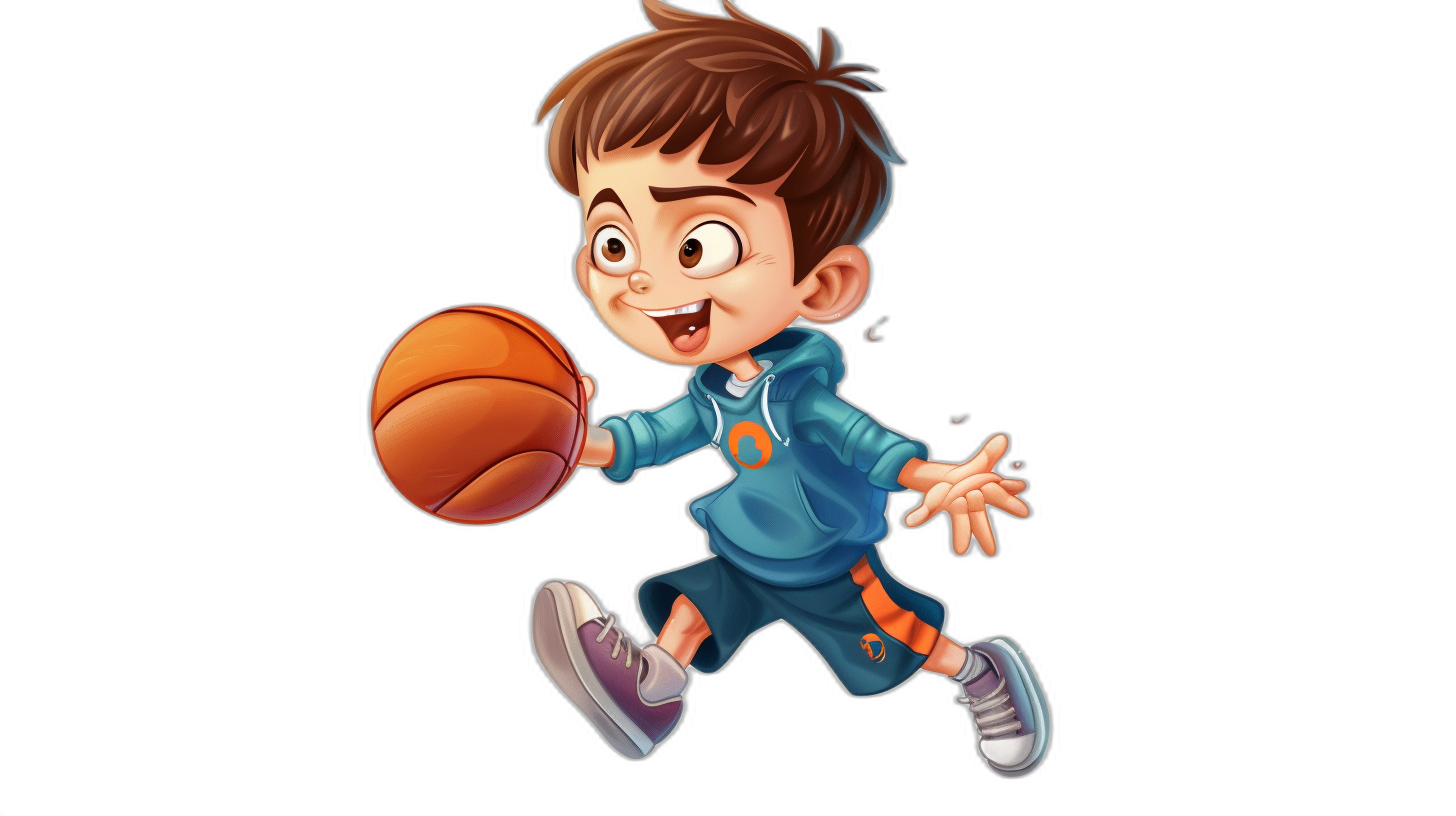 Cartoon style boy playing basketball, black background, cartoon illustration, bright colors, high resolution, professional digital art, 2D game character design, solid color blocks, simple lines, cute expressions. He is wearing blue sports  and purple shoes. in the style of chibi anime.