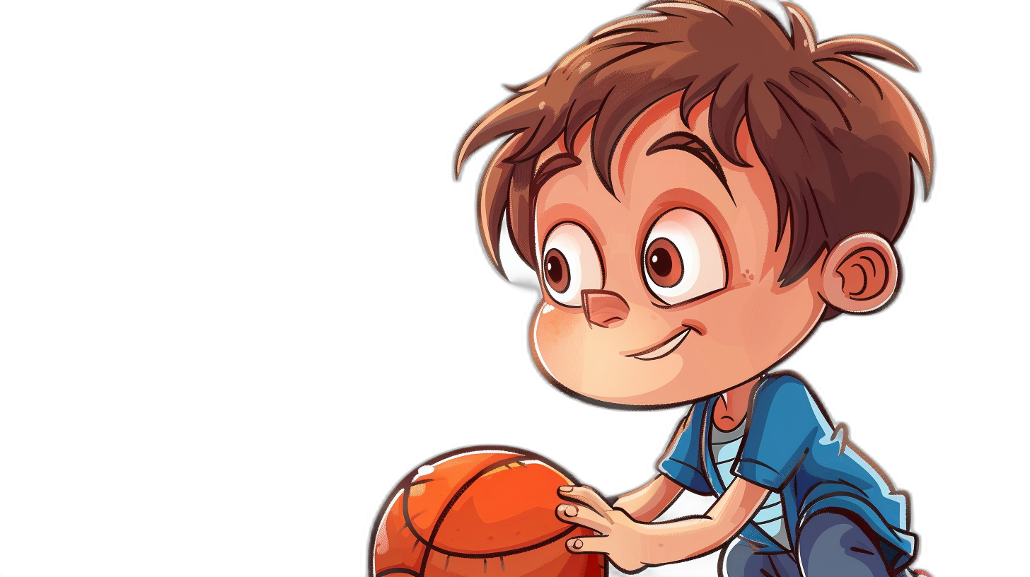 A cute little boy with brown hair and blue eyes is playing basketball in the style of cartoon style on a simple black background. The vector illustration is a 2D game art with high resolution, high quality, and high detail. The design has best details with clean design and cute character designs featuring colorful colors and cartoon elements. It is a closeup view of the cute little boy.