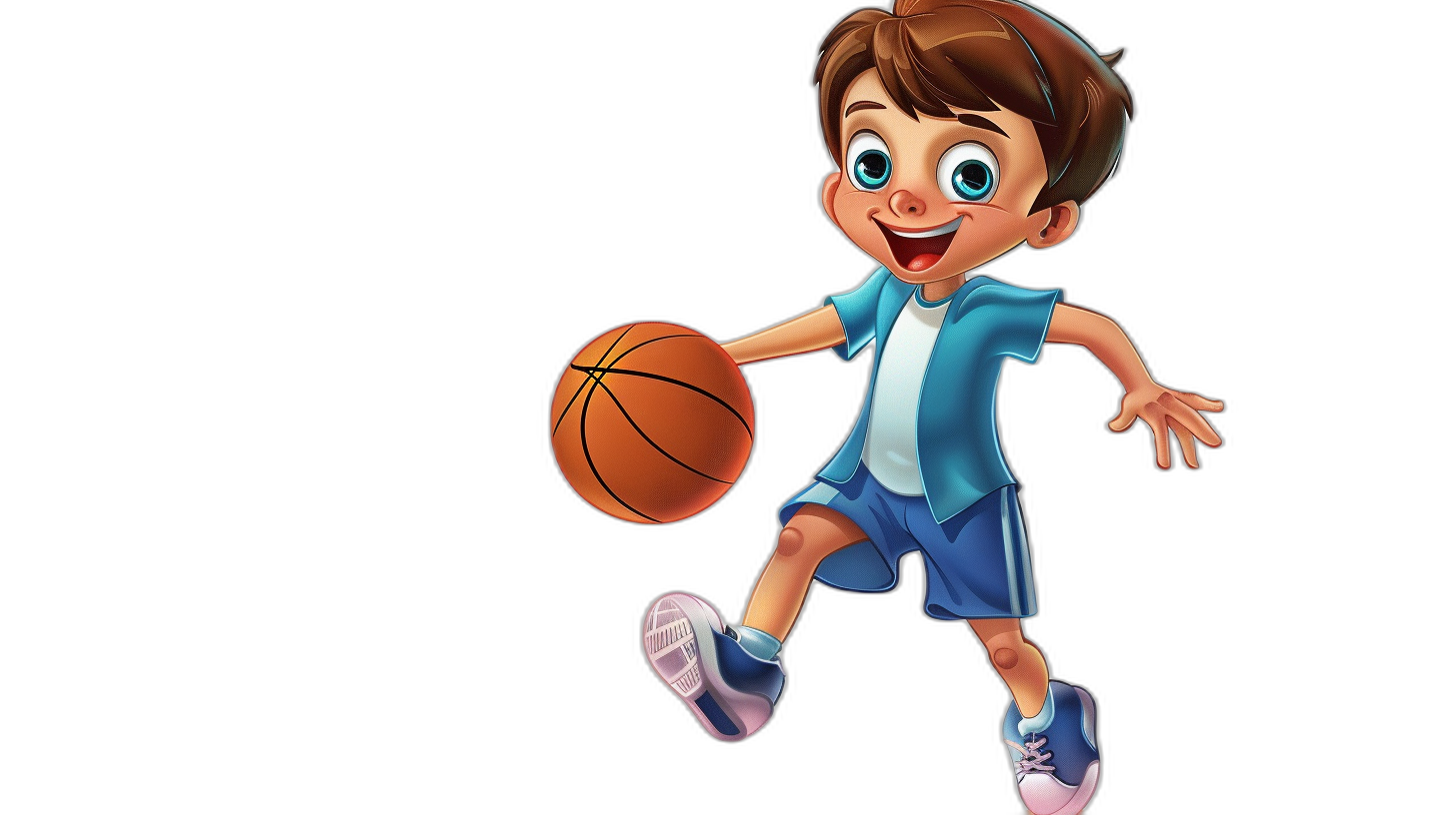 Cartoon boy playing basketball with a simple background against a black background in the style of Disney Pixar. The high resolution image shows a cute and colorful boy wearing blue shorts with white short sleeves and sneakers, holding the ball in his hand ready to shoot.