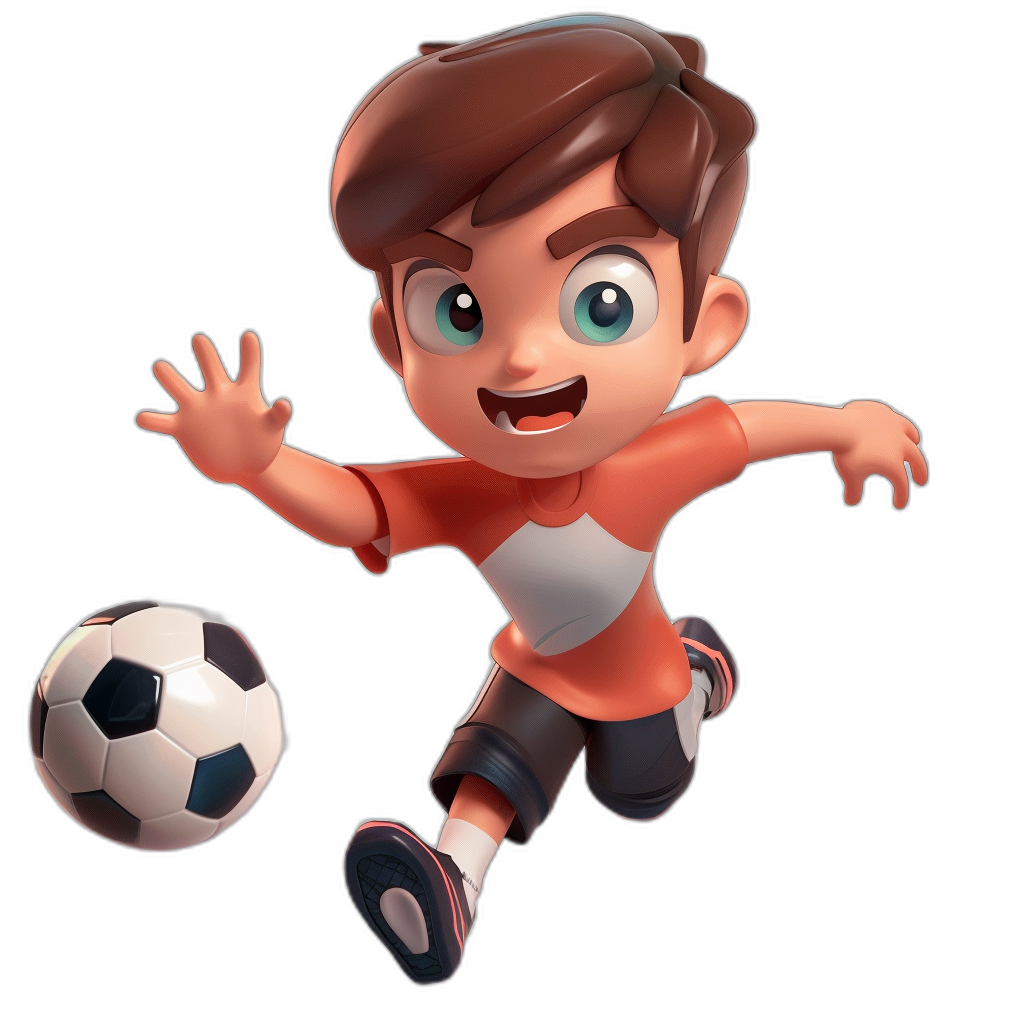 Cartoon character of a boy playing football with a simple background in a 3D rendered style similar to Pixar and Disney with bright colors. A cartoon cute little man with brown hair and blue eyes wearing a red t-shirt kicking a ball on a black background with white space around him in the style of 2D game art at a high resolution, detail, and quality.