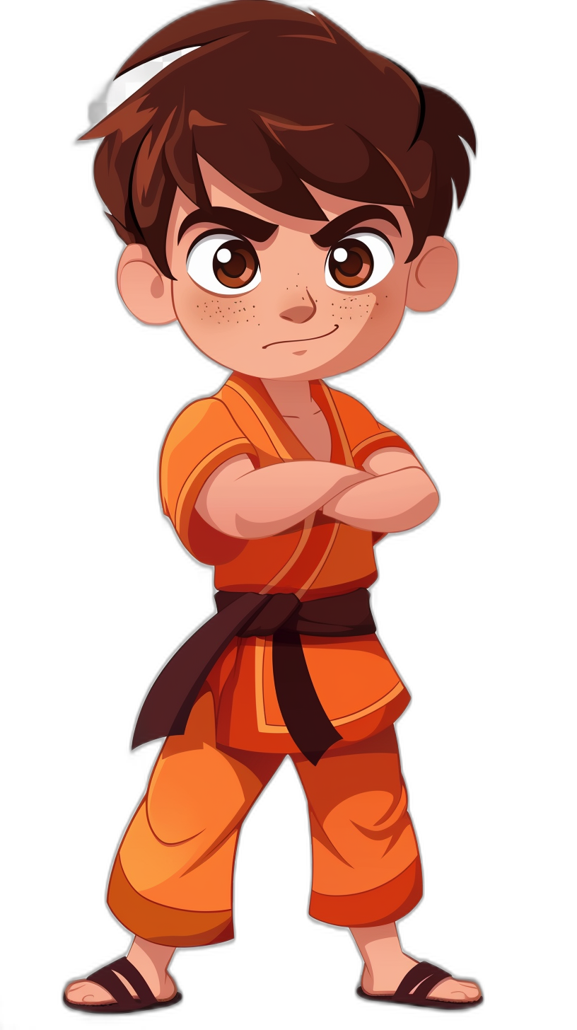 An illustration of a young brown haired boy with his arms crossed wearing an orange karate outfit, in the cartoon style reminiscent of Disney Pixar animations, against a black background. The character should have big expressive eyes and look very cute. His hair is short. He has dark skin color. In his hands he holds a small mace that shows its power when used to fight in the style of Disney Pixar.