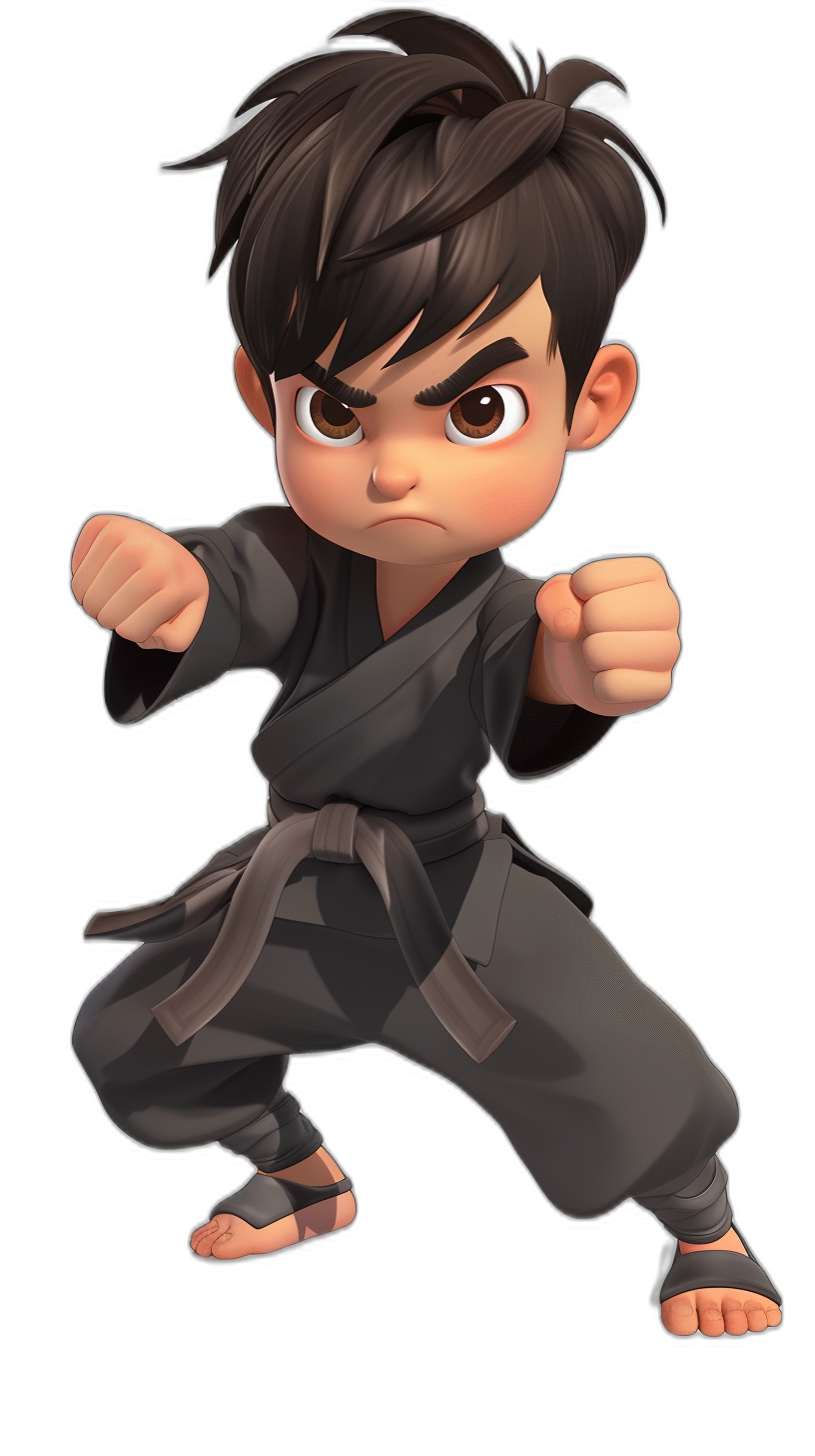 chibi style karate boy character with black hair and brown eyes wearing all dark grey with the light gray colored belt. He is doing his classic stance in a ready to fight pose. Black background. The overall vibe of the art should be lively and fun, capturing the energy associated with martial arts training. Use bold colors and dynamic lines to emphasize movement while maintaining an adorable atmosphere. No text or other elements in the frame.