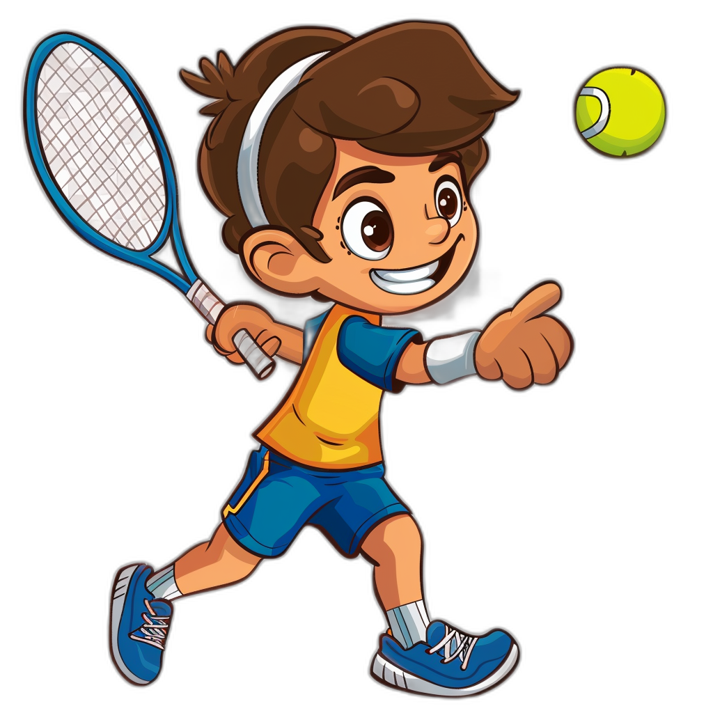 A boy playing tennis cartoon vector with a black background, in the style of a logo caricature mascot, a full body portrait view for a children’s book illustration, a sticker design, with simple lines, flat colors, no shadow or gradient, a cute friendly face on a headband, holding a racket and pointing at it towards the camera, wearing blue shorts, a white shirt, and a yellow sleeveless top.