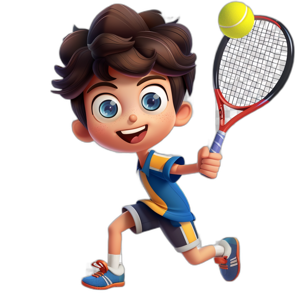 A cute boy playing tennis, cartoon character design with short brown hair and blue eyes wearing an olympic style navyblue white orange tshirt and shorts with sneakers holding the racket in his hand ready to hit the ball, on black background, cartoon game art style, 3D rendering, simple design, high resolution, Pixarstyle cartoon graphics, bright colors, high quality, highly detailed, high definition, high resolution, high detail