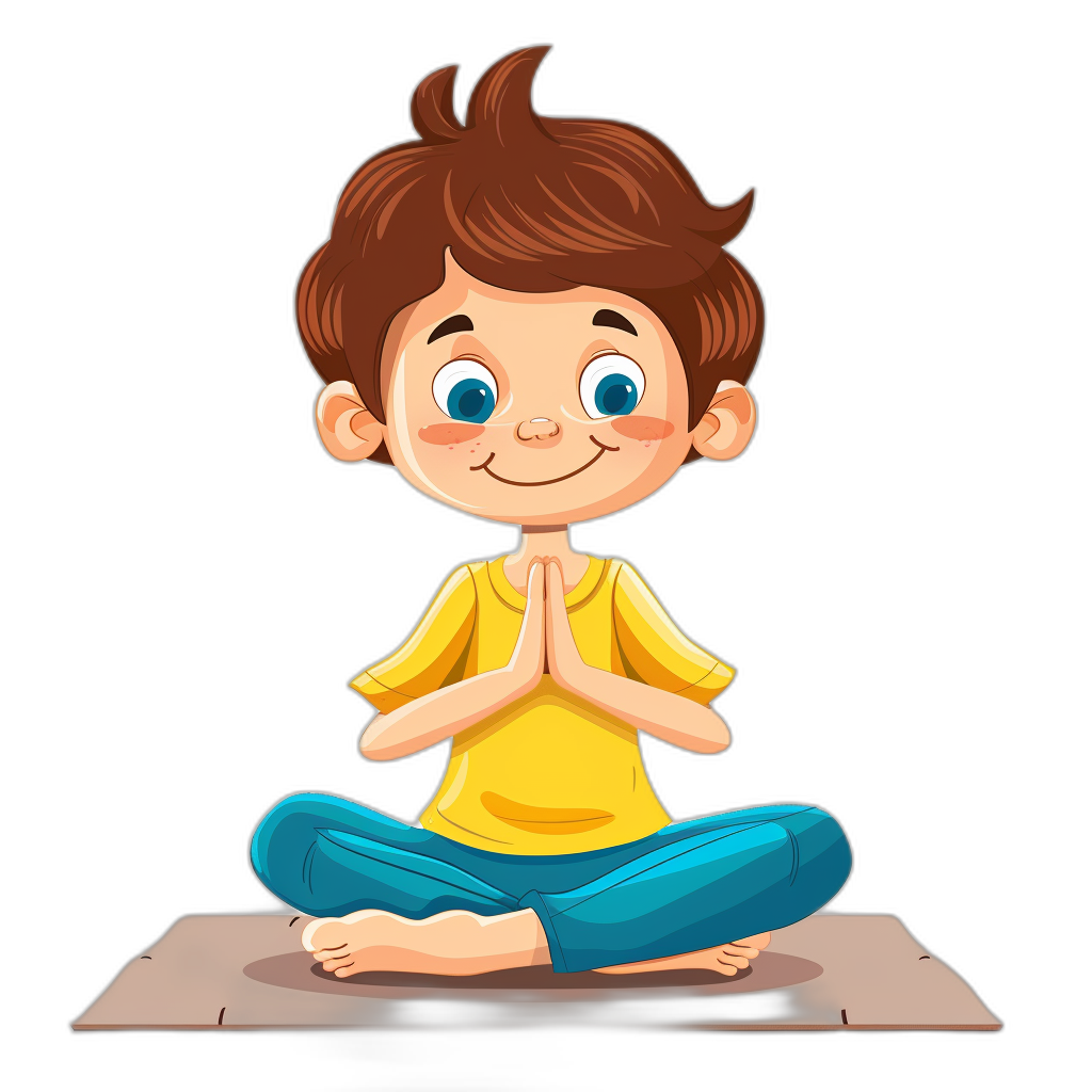 A cute cartoon boy doing yoga in a simple drawing style as a vector illustration with a black background. The little boy has brown hair and is wearing blue pants and a yellow tshirt. He sits crosslegged on the floor in lotus position with his hands folded together at chest level. Her eyes were bright, smiling slightly. Focusing on a closeup of the face, this is the best quality, high resolution illustration.