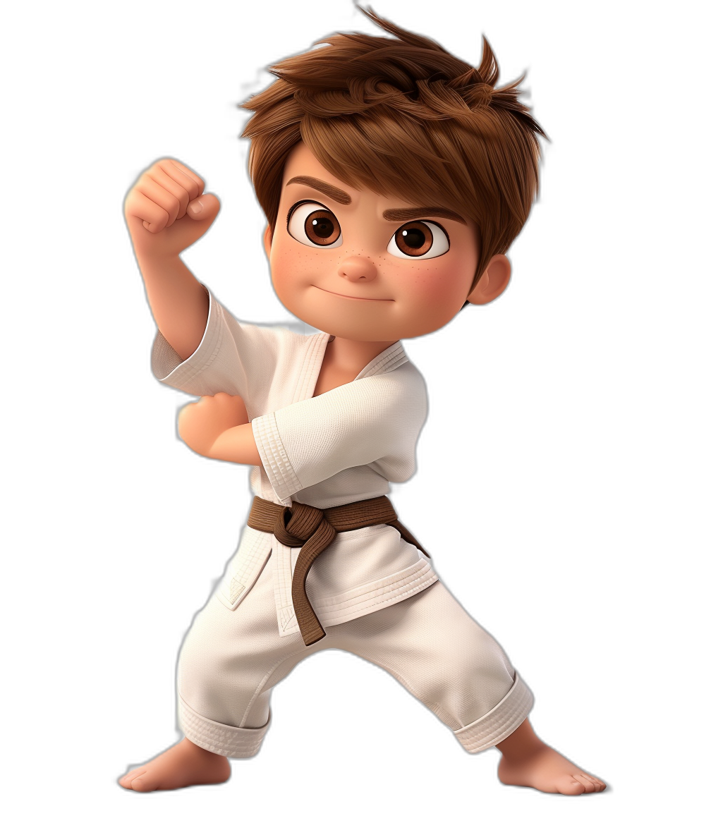 A cute baby boy with brown hair in a white karate outfit doing a kick against a black background, in the style of Disney Pixar cartoon character design.