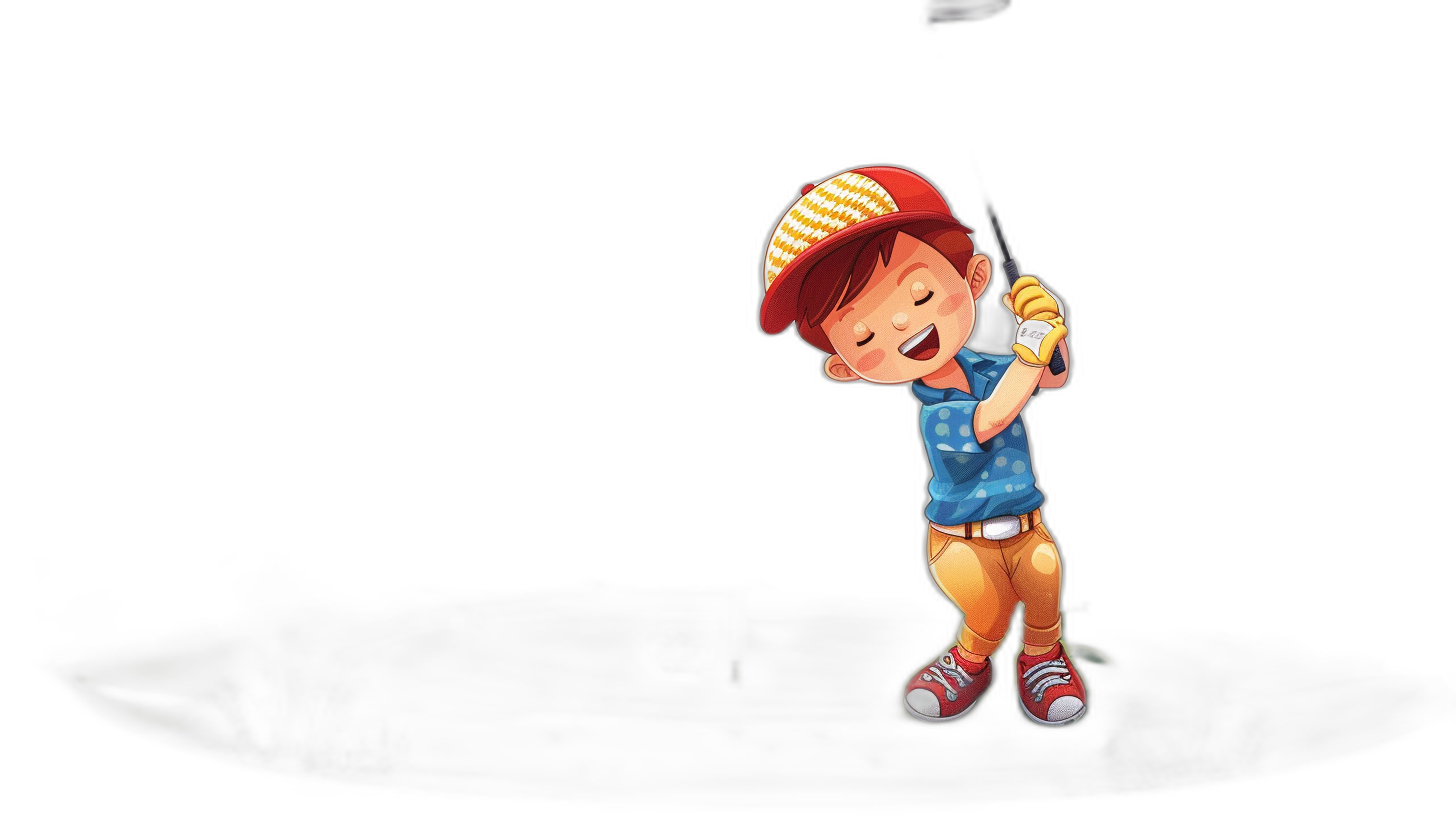 A cute cartoon boy playing golf, smiling happily, wearing red shoes and a yellow cap with a blue shirt. Black background. In the style of Pixar.