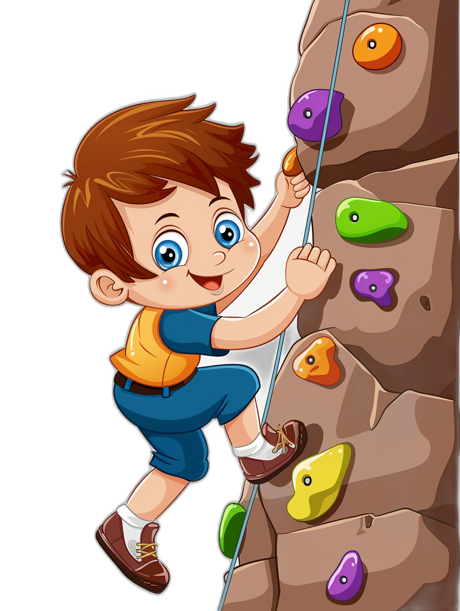 A cartoon boy climbing rock wall with colorful rocks, clip art style, vector illustration for kids book on black background