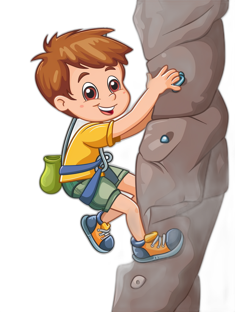 A cartoon boy climbing on a rock wall in the style of clip art, in the style of isolated black background.