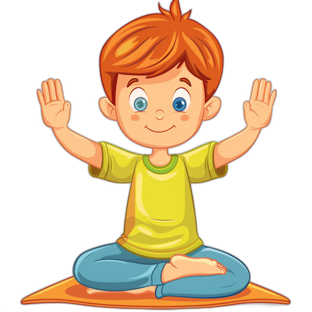 A cute cartoon boy doing yoga in a simple drawing style in the style of clip art illustration with a black background, flat design, colorful colors, vector graphics, high resolution, no shadows, cute eyes and smile, wearing a yellow tshirt and blue pants, sitting on the ground in a lotus position, waving his hands up to his head.