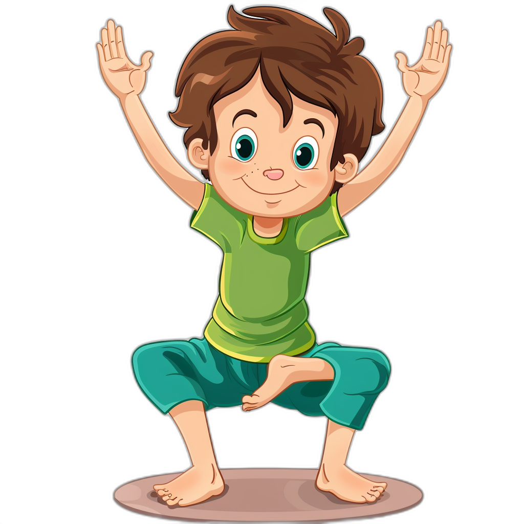 A cute cartoon boy doing yoga in a vector illustration for a t-shirt design with a black background, green shirt and blue pants, brown hair.