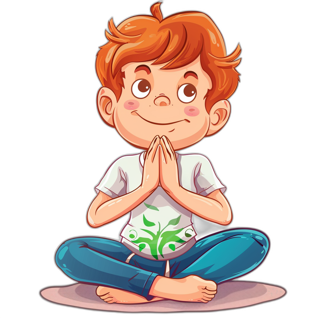 A cute cartoon boy doing yoga, wearing a white t-shirt with a green plant on it and blue jeans sitting in a lotus position with his hands together at chest level in the style of praying, a happy face expression, ginger hair color, clipart design isolated on a black background.