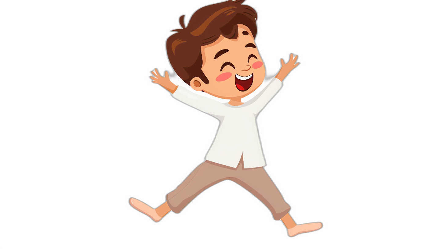 A cute happy cartoon boy is jumping up, wearing white long sleeves and brown pants, with black background. The character has an extremely simple vector illustration style, designed by professional graphic designers in the United States. It features highdefinition, flat illustrations, high resolution, high definition images, and no shadows on pure black backgrounds.