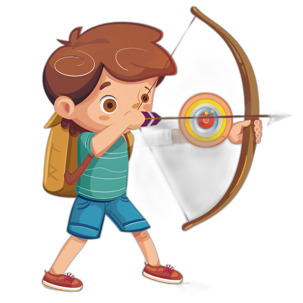 A cartoon boy with brown hair is shooting an arrow at the target, wearing blue shorts and green short sleeves, carrying schoolbag on his back, holding bow in hand, focused expression, full body portrait, pure black background, simple illustration style, vector graphics, bright colors, high saturation, high brightness, telephoto lens, indoor environment.,,in